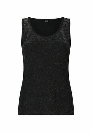 Zwarte mouwloze tanktop met een sprankelende textuur, ronde halslijn en contrasterende zwarte afwerking langs de randen.