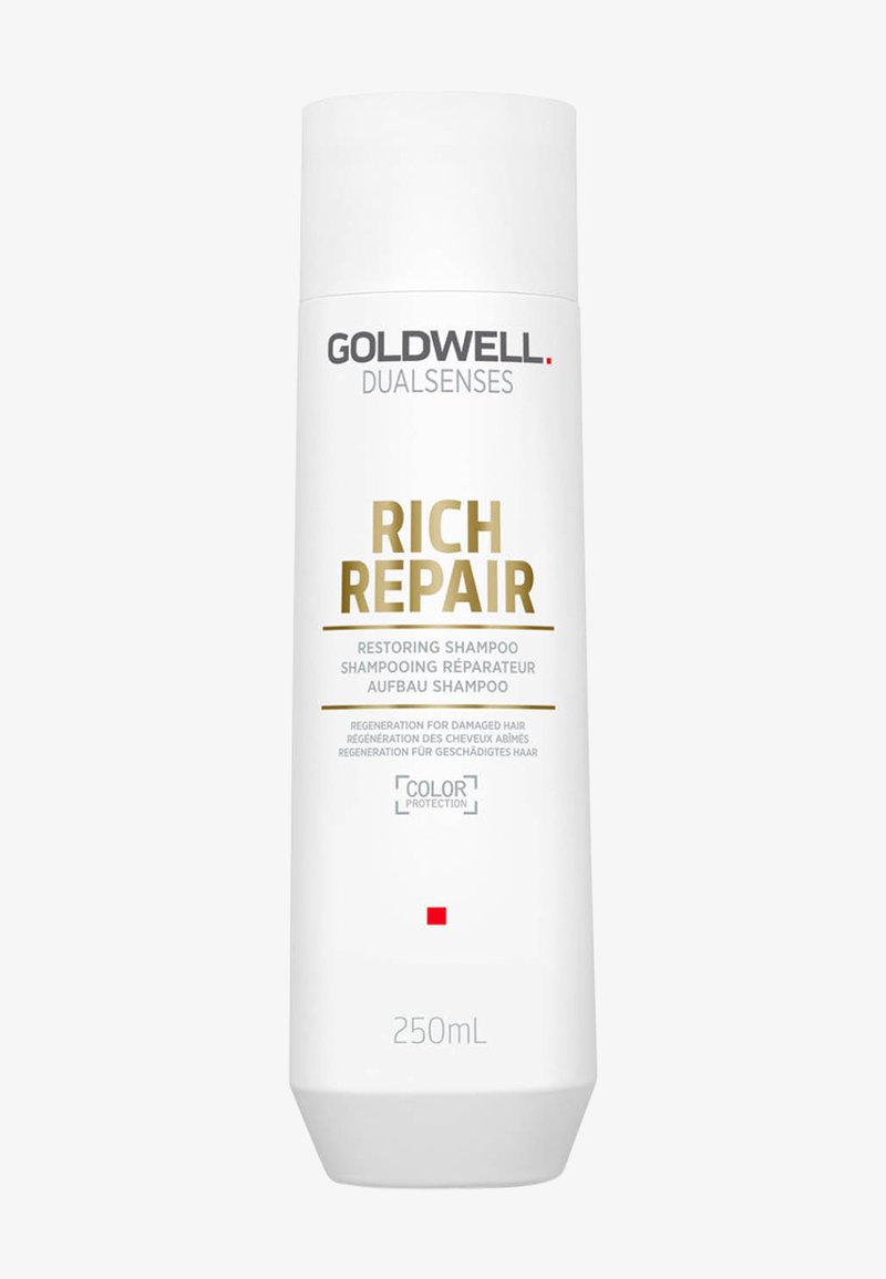 Goldwell Dualsenses Rich Repair reparierendes Shampoo für geschädigtes Haar mit Farbschutz, 250 ml weiße zylindrische Verpackung.