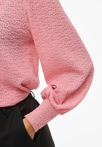 Blusa rosa a maniche lunghe con texture, caratterizzata da un motivo intrecciato, maniche voluminose e polsini aderenti. Abbinata a pantaloni neri a vita alta.