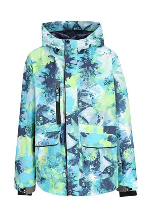 Zimowa kurtka z kapturem w abstrakcyjny wzór w kolorach niebieskim, zielonym i białym, z zamkiem błyskawicznym z przodu, kieszenią na piersi oraz dwoma dużymi kieszeniami z klapami.