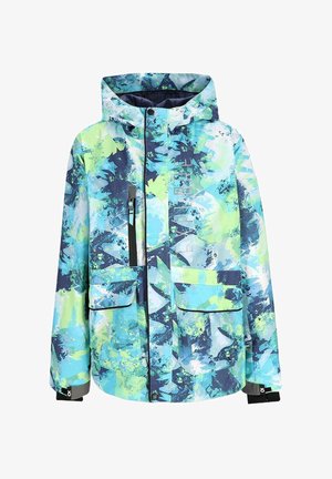 Zimowa kurtka z kapturem w abstrakcyjny wzór w kolorach niebieskim, zielonym i białym, z zamkiem błyskawicznym z przodu, kieszenią na piersi oraz dwoma dużymi kieszeniami z klapami.