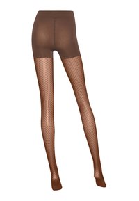 Collant marroni con una vita opaca e solida che si trasforma in gambe trasparenti caratterizzate da un piccolo motivo a rombi. Texture liscia su tutta la superficie.