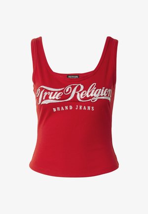 Piros bordázott ujjatlan felső lekerekített nyakkivágással, elöl fehér strasszköves "True Religion Brand Jeans" felirattal díszítve.