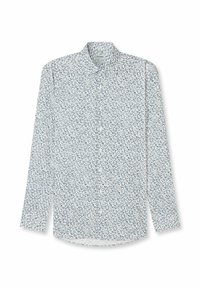 Langärmeliges Hemd aus leichtem Stoff mit weißer Grundfarbe und verstreutem blauem Blumenmuster. Verfügt über einen Knopfkragen und einen abgerundeten Saum.