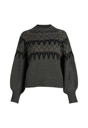 Grijze gebreide trui met een geometrisch patroon in zwart en beige, geribbelde manchetten en zoom, met een ronde halslijn en licht opgepofte mouwen.