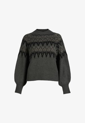 Grijze gebreide trui met een geometrisch patroon in zwart en beige, geribbelde manchetten en zoom, met een ronde halslijn en licht opgepofte mouwen.