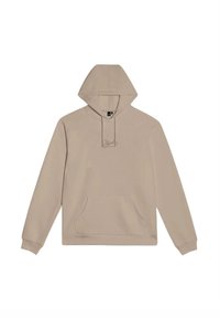 Felpa con cappuccio beige, dotata di tasca frontale, stringhe regolabili e un piccolo ricamo grafico sul petto. Tessuto leggero.