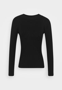 Schwarzer gerippter Langarmpullover mit rundem Ausschnitt und strukturierten Mustern, die ein dezentes geometrisches Design auf der Vorderseite bilden.
