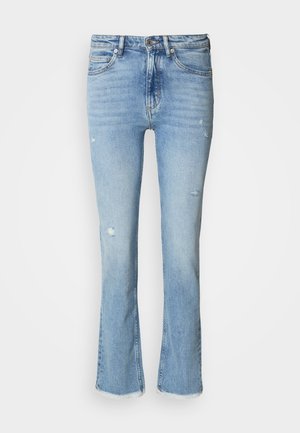 Hele sinised tekstuuriga lehviva lõikega teksapüksid, millel on kulunud efekt, viis taskut, nööpidega sulgemine ja narmendav äär sääreosas.