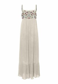 Abito maxi di colore beige chiaro con corpetto ricamato floreale. Presenta spalline sottili e una gonna fluente con orlo arruffato.