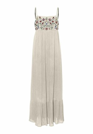 Robe maxi en beige clair avec un corsage brodé de fleurs. Présente des bretelles fines et une jupe fluide avec un ourlet volanté.