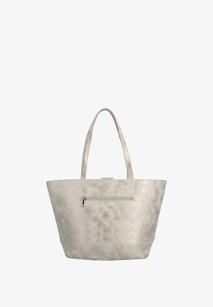 Sac fourre-tout beige clair avec deux poignées et une petite poche zippée horizontale sur le devant, surface texturée.