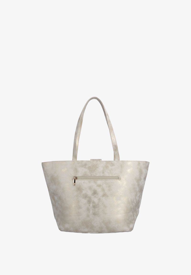 Sac fourre-tout beige clair avec deux poignées et une petite poche zippée horizontale sur le devant, surface texturée.