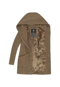 Manteau marron à capuche avec poche avant, ouvert pour montrer la doublure intérieure en satin et l’étiquette de marque à l’intérieur du col.