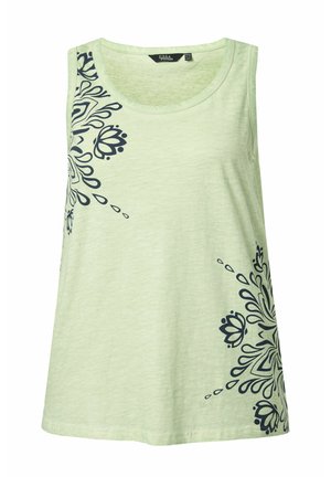 Hellgrünes ärmelloses Top mit rundem Ausschnitt, das dunkelblaue symmetrische Blumenmuster auf der linken Schulter und der unteren rechten Seite aufweist.