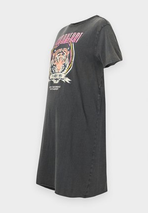 Tumši pelēks, pārāk liels T-krekls no kokvilnas, ar tīģera grafikām, kas izceltas ar daudzkrāsainiem akcentiem un apaļu kakla izgriezumu.