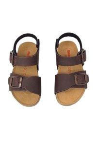 Sandali in pelle marrone con fibbia regolabile, soletta in sughero e design aperto sulla punta. Materiale resistente e suola testurizzata per il comfort.