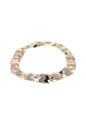 Guld-, rosaguld- og sølvmetalarmbånd med zigzag-design, der har indlagte diamantdetaljer på sektionerne for ekstra tekstur og elegance.