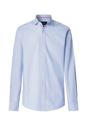 Chemise ajustée bleu clair avec fines rayures verticales, devant boutonné, manches longues et col pointu.