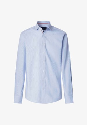 Chemise ajustée bleu clair avec fines rayures verticales, devant boutonné, manches longues et col pointu.