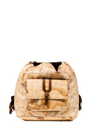 Borsa a tracolla con motivo mappa in beige e marrone. Presenta una parte superiore arricciata, una tasca frontale con dettaglio a fibbia e una tracolla.