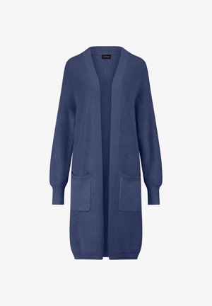 Cardigan lungo blu navy realizzato in tessuto a coste, con maniche lunghe, apertura frontale e due tasche anteriori. Texture liscia.