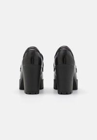 Pár černých platformových vysokých podpatků s robustními podpatky, zobrazených zezadu na bílém pozadí.