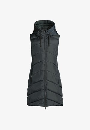 Gilet sans manches rembourré noir avec col montant, fermeture éclair frontale, capuche ajustable et poches latérales zippées.