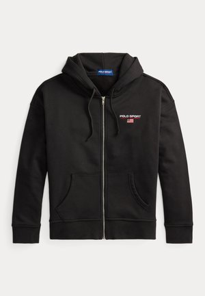 Czarna bluza z kapturem na suwak z przednimi kieszeniami, kapturem ze sznurkami i małym logo "Polo Sport Ralph Lauren" na lewej piersi.