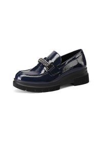 Mocassini in verniciato blu navy con suola nera spessa, caratterizzati da una fascia decorativa con strass sul dorso e un design elegante.