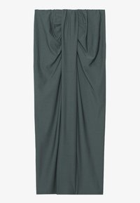 Dark green fabric curtain with gathered top design, smooth texture, and an elegant drape. The fabric appears lightweight and flexible.