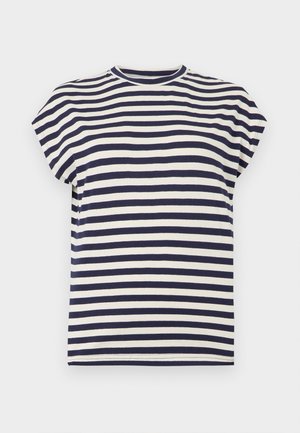 Κοντομάνικη μπλούζα με στρογγυλή λαιμόκοψη και οριζόντιες ρίγες σε σκούρο μπλε και άσπρο, απλωμένη σε λευκό φόντο.