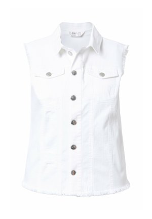 Witte mouwloze denim shirt met een kraag, knopen aan de voorkant, twee borstzakken en een rafelige zoom. Accenten in zilverkleurig metaal.