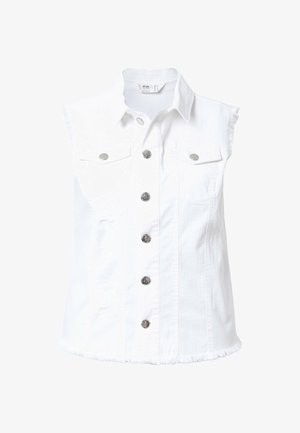 Valkoinen hihaton farkkupaita, jossa on kaulus, etupainikkeet, kaksi rintataskua ja hapsureuna. Hopeansävyiset yksityiskohdat.