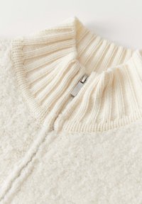 Kermanvärinen vetoketjullinen fleece-takki, jossa on teksturoiduista kankaasta valmistettu vartalo ja resoroitu kaulus. Takissa on metallivetoketju ja pehmeä, pörröinen materiaali.