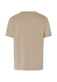 Beige tričko s krátkým rukávem vyrobené z jemné bavlny. Nabízí klasický kulatý výstřih a volný střih s rovně ukončeným lemem. Hladká textura, žádné vzory.