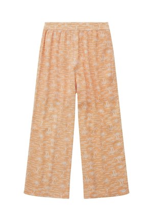 Lockere Hosen in Pfirsichfarbe mit elastischem Bund, versehen mit einem weißen tropischen Druck von Palmen, Segelbooten und Sonnenmotiven.