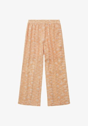 Luźne spodnie w kolorze brzoskwiniowym z elastycznym pasem, ozdobione białym tropikalnym wzorem z palmami, żaglówkami i motywami słonecznymi.