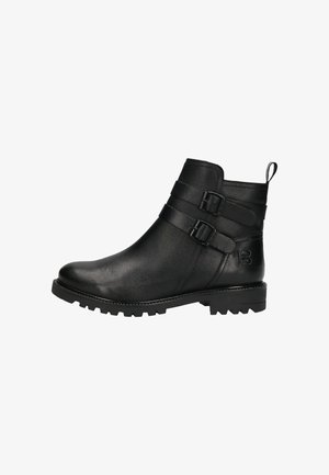 Schwarze Knöchelstiefel aus glattem Leder, mit doppelten Schnallenriemen, runder Spitze und einer strukturierten Gummisohle für besseren Halt.