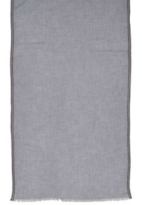 Tessuto grigio con una morbida texture intrecciata. Presenta bordi con frange e un trim decorativo con linee rosse, blu e verdi lungo un lato.