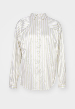 White satin shirt with vertical yellow and purple stripes, long sleeves, button-front, and a single chest pocket. Soft texture and structured fit.