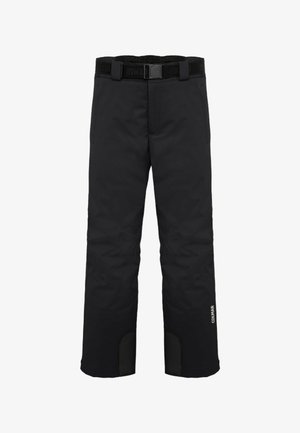 Pantaloni da neve neri con cintura, realizzati in materiale impermeabile, con rinforzi sulle ginocchia e design a gamba affusolata.