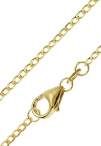 Goldene Kette mit verbundenen ovalen Gliedern und einem Karabinerhakenverschluss. Glatte Oberfläche, glänzendes Finish und eine robuste Befestigung.