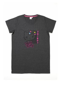 Dark gray T-shirt featuring a Hello Kitty graphic with colorful stars and hearts. Short sleeves, round neckline, soft cotton material.