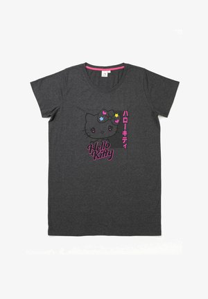 Dark gray T-shirt featuring a Hello Kitty graphic with colorful stars and hearts. Short sleeves, round neckline, soft cotton material.