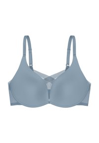 Lichtblauwe gewatteerde bh met verstelbare bandjes en mesh-panelen aan de zijkanten en tussen de cups, getoond op een witte achtergrond.