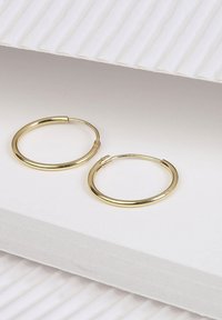 Boucles d'oreilles créoles dorées avec un design lisse et arrondi. Elles possèdent un système de fermeture à clapet et mesurent environ 2 cm de diamètre.