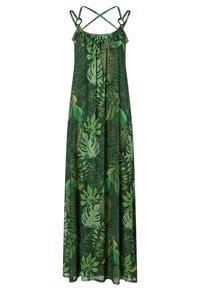 Grünes Maxikleid mit einem durchgehenden Blätterdruck, gerafftem Ausschnitt und überkreuzten Trägern. Hergestellt aus leichtem Stoff mit fließendem Fall.