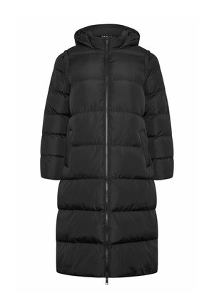 Doudoune noire avec fermeture éclair, dotée d'une capuche, de poches latérales et d'un design matelassé avec une texture lisse et brillante. Sa longueur atteint le mollet.