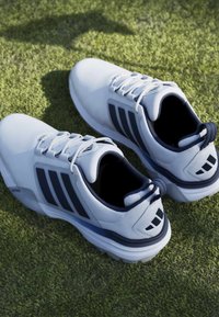 Chaussures de sport blanches avec des rayures foncées et des lacets placées côte à côte sur une pelouse verte sous la lumière du soleil.